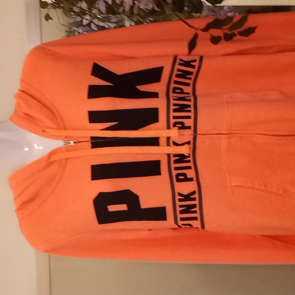 PINK VS Full Zipper Neon Orange Hooded Sweatshirt